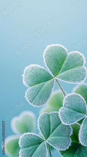 Frosted Three-Leaf Clover Close-Up on Soft Blue Background with Delicate Snowflake Detailing Enhancing Natural Beauty and Serenity in Nature's Charm