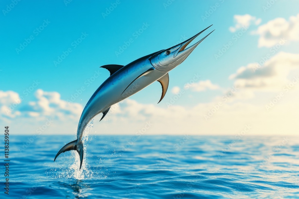 Fototapeta premium A close-up of a marlin leaping out of the ocean during a deep-sea fishing trip, with its streamlined body glistening