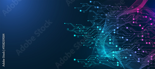Artificial Intelligence with circuit electric line style. Digital futuristic machine learning design. AI graphic design for website, banner, header, social media, mobile app, UI. Vector illustration