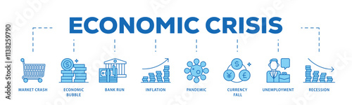 Economic crisis infographic icon flow process which consists of recession, unemployment, inflation, currency fall, pandemic, bank run icon live stroke and easy to edit .