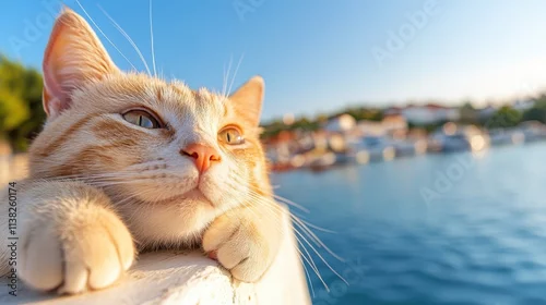 Fototapeta An orange cat rests its head on a white ledge, gazing thoughtfully across a sunny body of water, with blurred elements in the background conveying a sense of calm and contemplation.