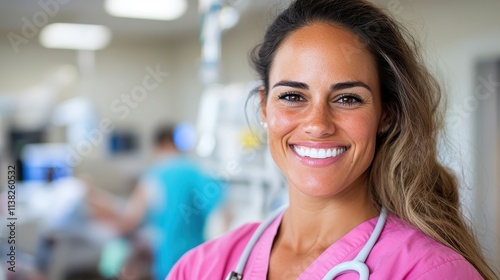 Free Download A cheerful nurse wearing pink scrubs and a stethoscope, radiating warmth and professionalism in a busy hospital environment, exuding compassion and dedication. - GFXLoad