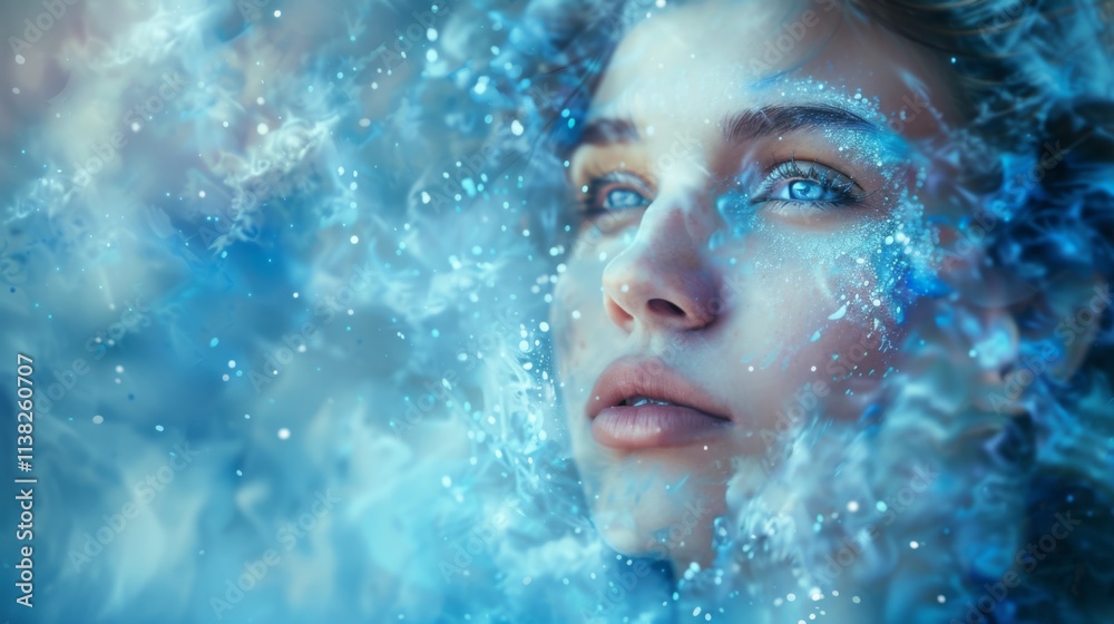 Close-up of a woman face enveloped by swirling frost and ice, with blue hues, snow particles, and shimmering details creating a dreamy winter atmosphere Close-up of a woman face enveloped by swirling frost and ice, with blue hues, snow particles, and shimmering details creating a dreamy winter atmosphere