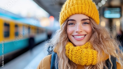 A smiling woman in warmth embraces winter attire at a bustling train platform, symbolizing the fusion of style and comfort as she readies to embark on her travels. photo