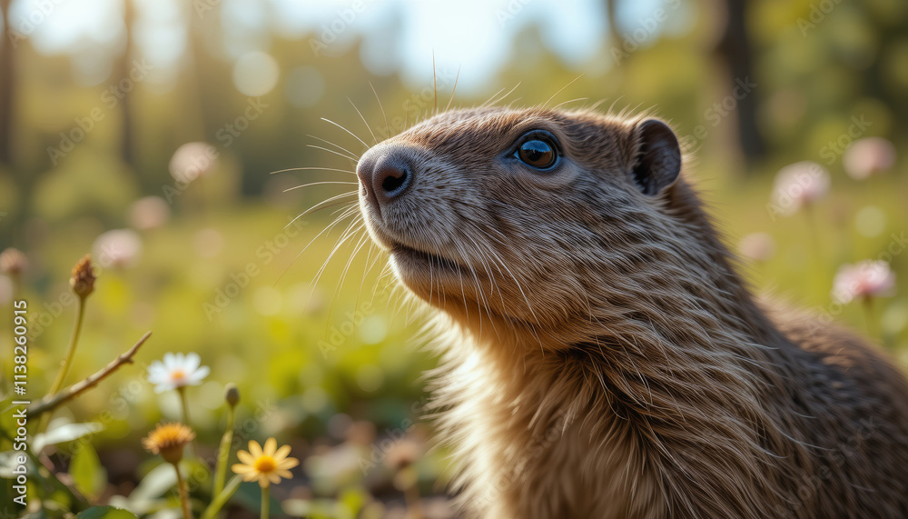 Fototapeta premium Marmot curiously looking up in a flower-filled meadow during a sunny day with copy space