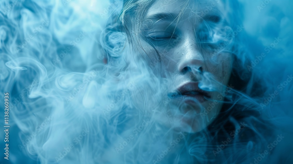 Close-up of a woman face with closed eyes, surrounded by swirling blue smoke and mist, creating a dreamy and mysterious atmosphere Close-up of a woman face with closed eyes, surrounded by swirling blue smoke and mist, creating a dreamy and mysterious atmosphere