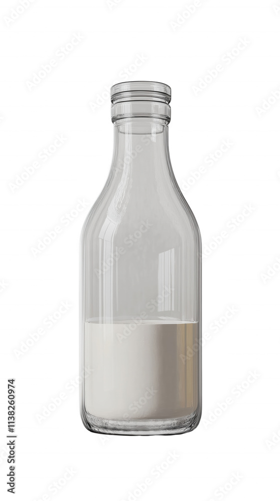 A glass bottle of milk is half full