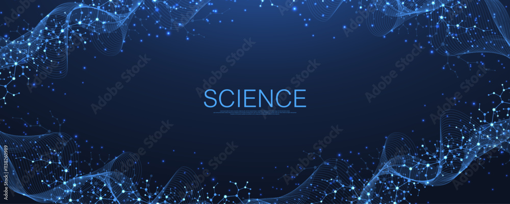 Obraz premium Molecular abstract structure and genetic engineering DNA. Healthcare and medicine background concept. Scientific research background. Wave flow. Innovation pattern. Vector illustration.