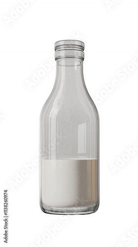A glass bottle of milk is half full