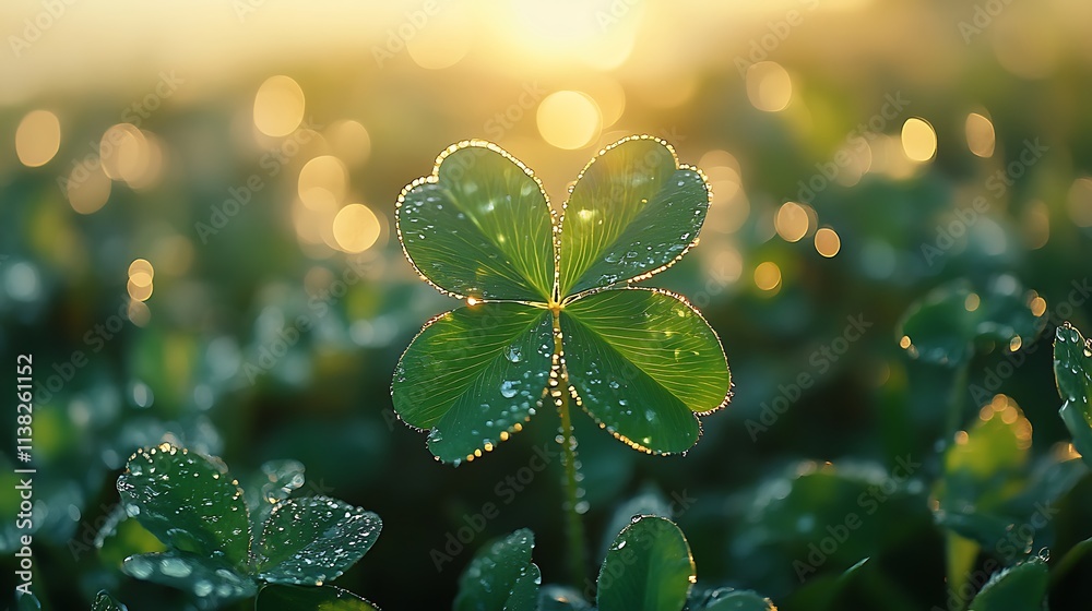 A perfect four-leaf clover sparkling with morning dew, its vibrant green leaves catching the first rays of sunlight, set against a softly blurred field of grass, evoking good fortune and serenity, A perfect four-leaf clover sparkling with morning dew, its vibrant green leaves catching the first rays of sunlight, set against a softly blurred field of grass, evoking good fortune and serenity,