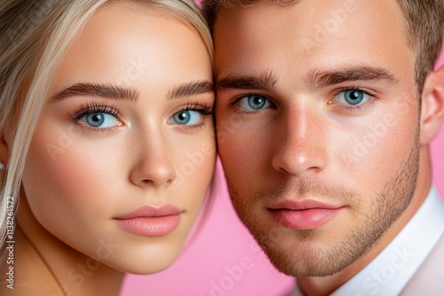 A couple faces close together, gazing lovingly into each other eyes, framed by soft pastel tones