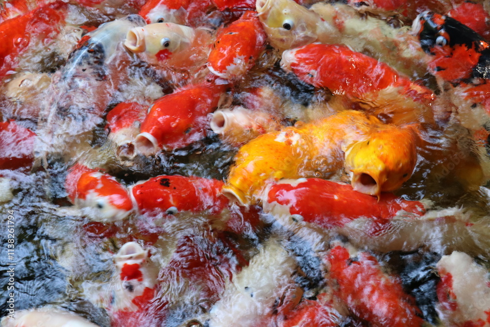 The koi in the large pond have beautiful colors. The koi in the large pond have beautiful colors.