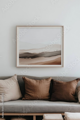 A large art frame hangs on the wall of an elegant living room, showcasing minimalist abstract landscape photography in earth tones and neutral colors. The artwork features soft sand dunes. photo