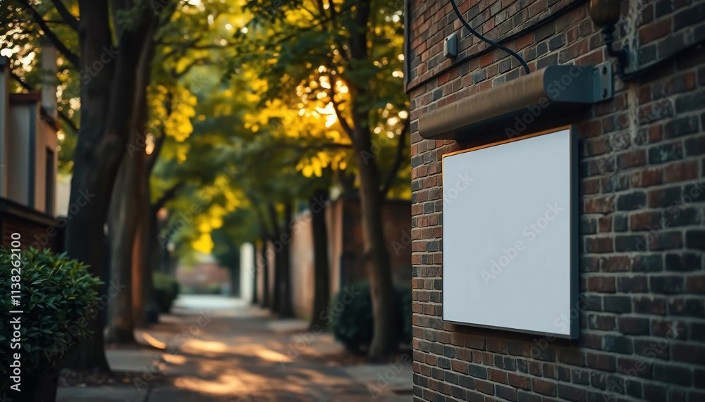 Obraz premium Blank Sign on Brick Wall Tree Lined Street