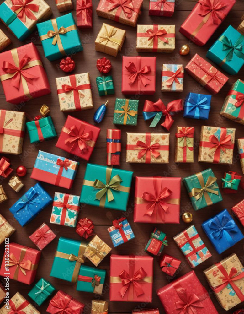 An illustration of a festive arrangement of colorful gifts and toys An illustration of a festive arrangement of colorful gifts and toys