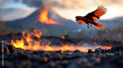 A majestic phoenix soars over a blazing landscape with a distant volcano erupting, capturing themes of resilience and renewal. The bird's wings catch the fiery light. photo