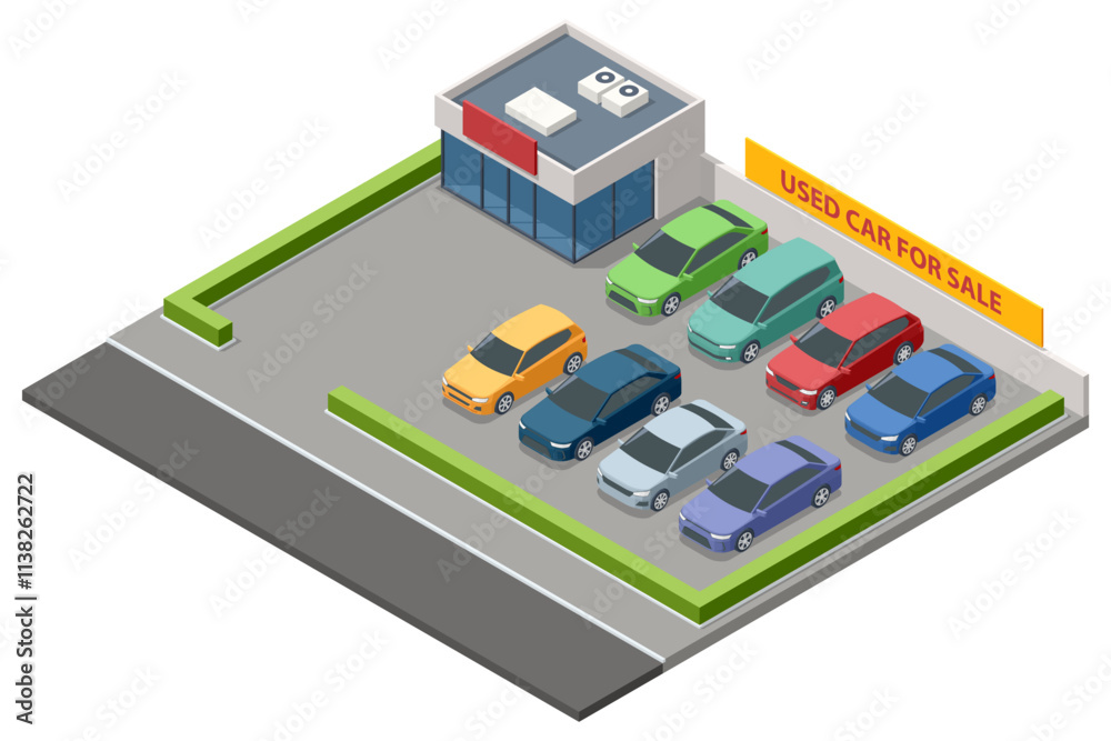 Obraz premium An isometric used car lot with colorful vehicles arranged for sale. A small building, signage, and green landscaping surround the parking area. Dealership, showroom