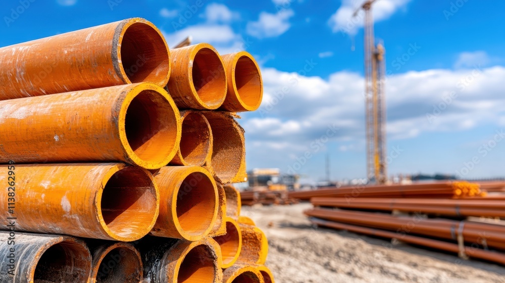 A stack of large orange pipes waits outdoors at a construction site, symbolizing construction and progress, with cranes in the background on a bright day. A stack of large orange pipes waits outdoors at a construction site, symbolizing construction and progress, with cranes in the background on a bright day.