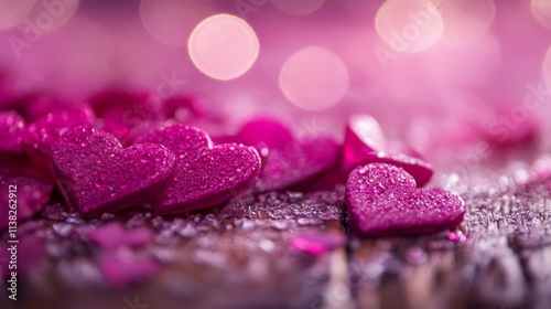 Pink hearts on a wooden table against a light defocused bokeh background. Love, Valentine's Day concept.