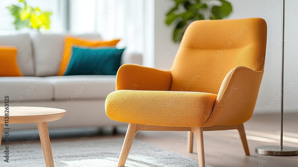 Fototapeta premium A fresh, contemporary image of a sunny yellow chair taking center stage in a bright, stylish living room with matching pillows, soft lighting and plants.