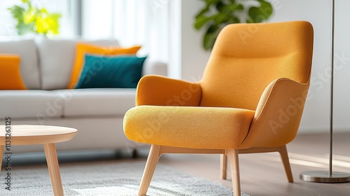 A fresh, contemporary image of a sunny yellow chair taking center stage in a bright, stylish living room with matching pillows, soft lighting and plants.
