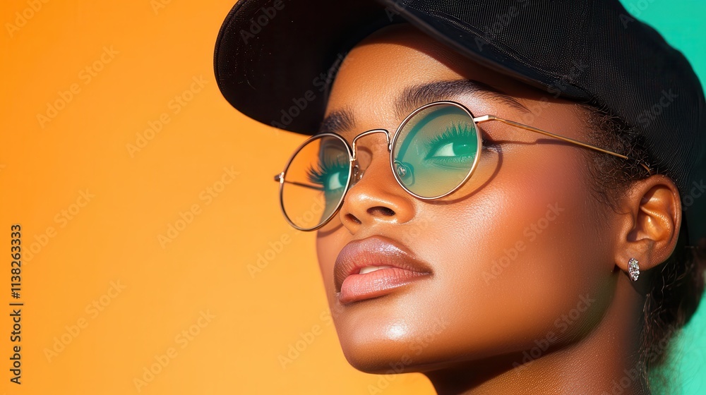 A stylish portrait of a woman in a cap and sunglasses, exuding confidence and modern style, set against a vibrant orange and green backdrop, capturing attention. A stylish portrait of a woman in a cap and sunglasses, exuding confidence and modern style, set against a vibrant orange and green backdrop, capturing attention.