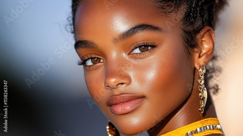 A close-up portrait of a woman showcasing her bright expression and intricate earrings, with an emphasis on her natural glow and beauty enhanced by sunlight. photo