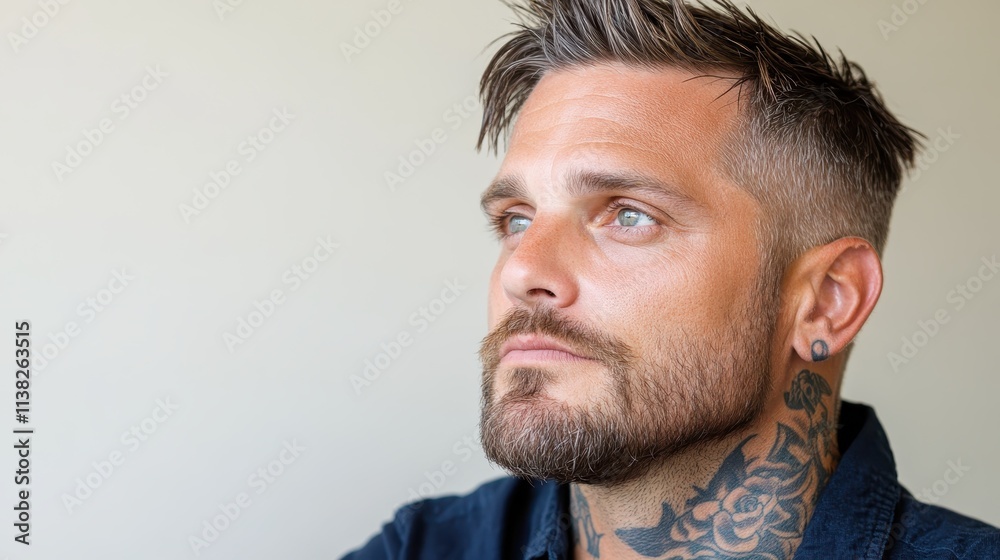 Obraz premium Portrait of a man with a tattooed neck and thoughtful expression, gazing upwards. His rugged features and piercing eyes add to his charismatic appearance.