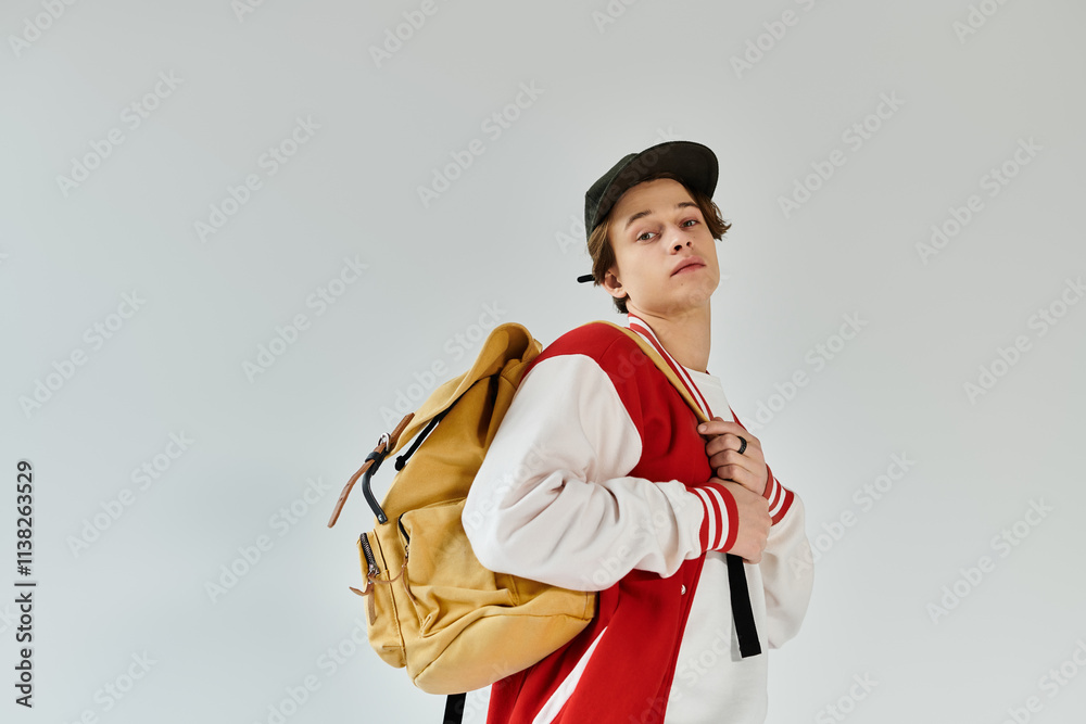 Young man showcases his trendy bomber jacket while carrying a backpack in the studio setting. Young man showcases his trendy bomber jacket while carrying a backpack in the studio setting.