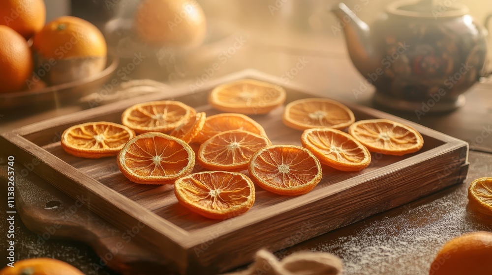 Fototapeta premium Dried Orange Slices on Wooden Tray with Teapot