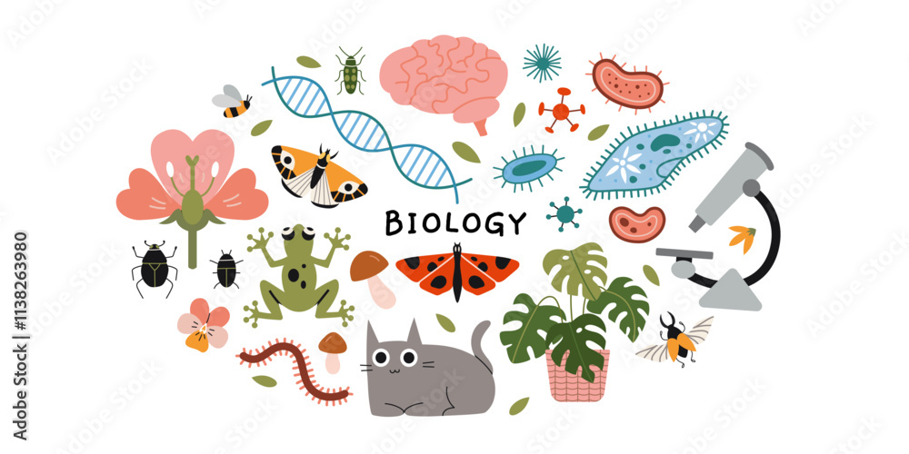 Biology lesson at school, science. Round composition with microscope, microorganisms, brain, insects, frog, cat and plants. Education concept. Vector illustration isolated on white, hand drawn, flat Biology lesson at school, science. Round composition with microscope, microorganisms, brain, insects, frog, cat and plants. Education concept. Vector illustration isolated on white, hand drawn, flat