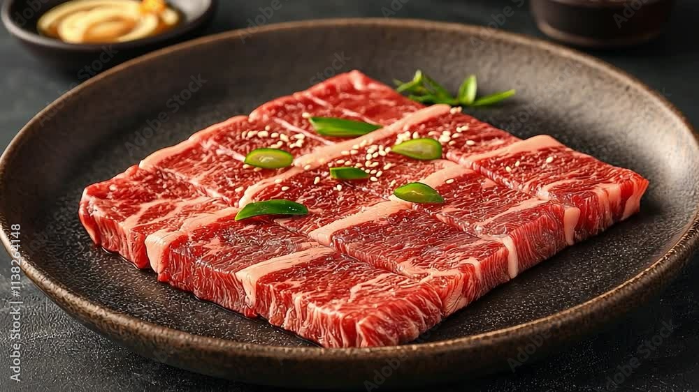 A dish of wagyu beef at a Japanese restaurant's Korean barbecue table A dish of wagyu beef at a Japanese restaurant's Korean barbecue table