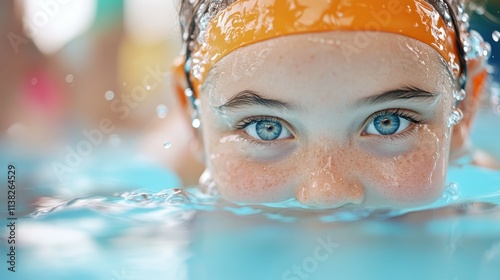 A playful close-up of a girl with striking blue eyes peering from the water, embodying curiosity and joy, with artistic focus on her expressive gaze.