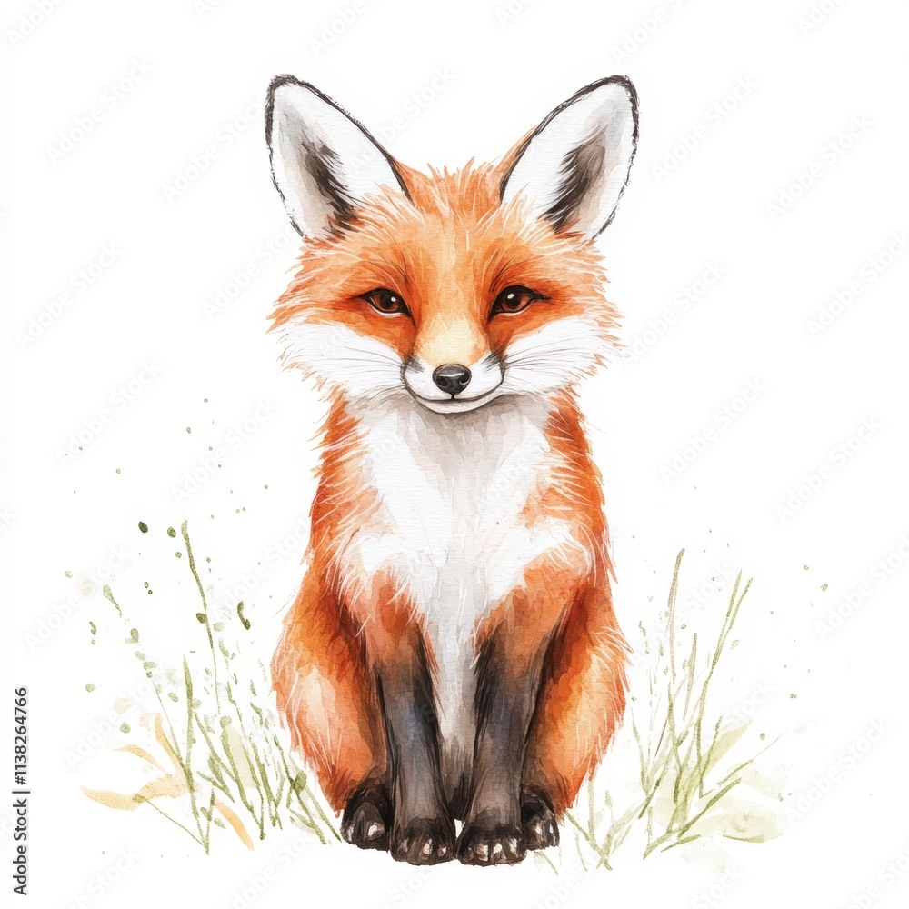 Fototapeta premium cute fox, white background, watercolor