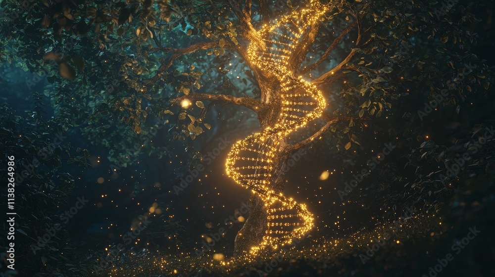 Glowing Tree of Life with DNA Strand Design in Enchanted Forest Glowing Tree of Life with DNA Strand Design in Enchanted Forest