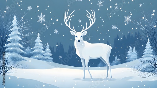 A majestic white deer with perfect antlers, and beautiful winter scenery