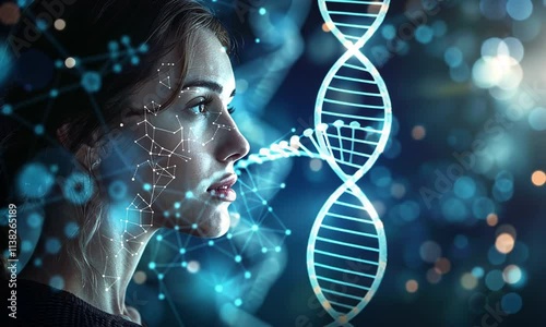 Woman's profile with DNA strand and network overlay.