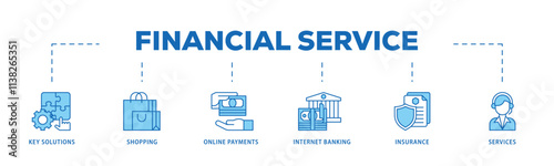 Financial service infographic icon flow process which consists of key solutions, shopping, online payments, internet banking, insurance and services icon live stroke and easy to edit .