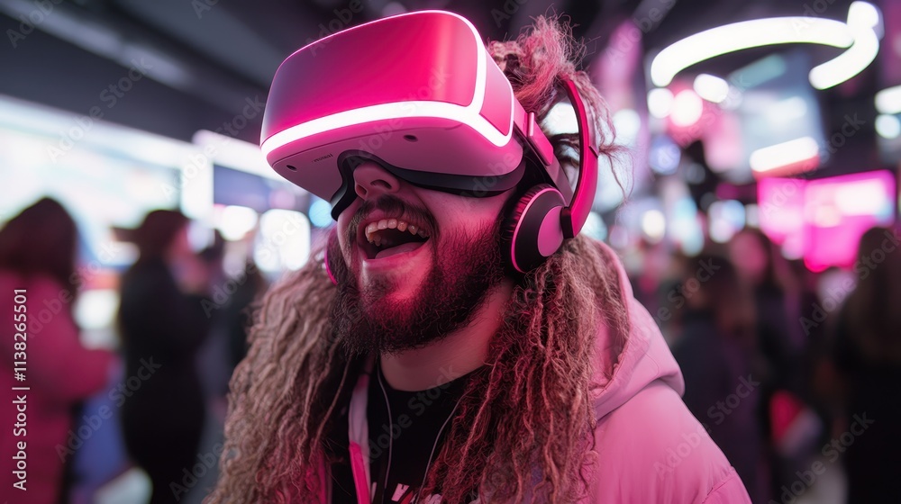 A person laughs joyfully while wearing VR goggles with a pink glow, conveying excitement and modern entertainment in a lively digital environment at an expo. A person laughs joyfully while wearing VR goggles with a pink glow, conveying excitement and modern entertainment in a lively digital environment at an expo.