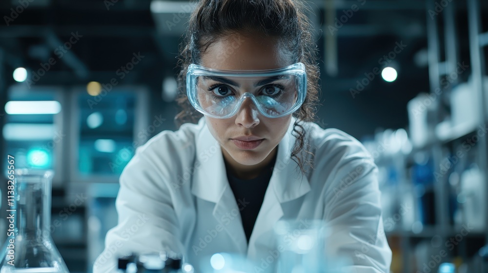 A determined female scientist wearing protective goggles and a lab coat, intensely focusing on her experiment amidst high-tech laboratory equipment and a modern setup.