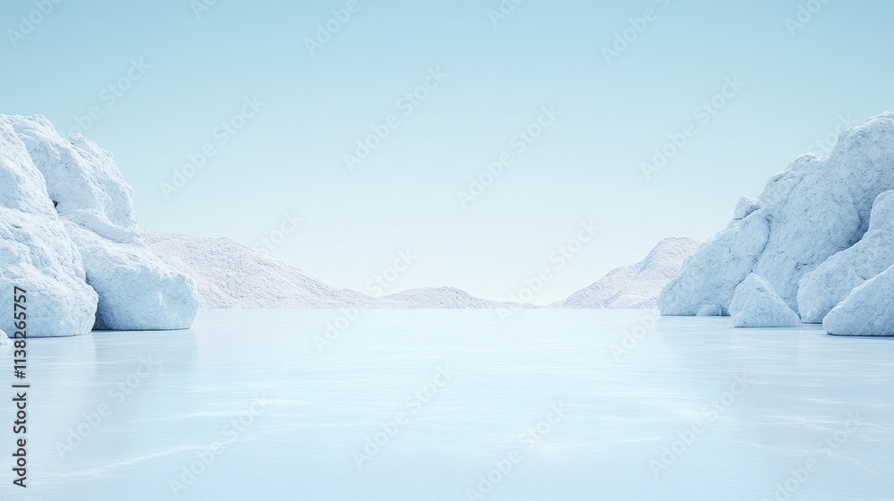 Smooth reflective surface with soft blue gradient and misty white backdrop, serene and calm ambiance Smooth reflective surface with soft blue gradient and misty white backdrop, serene and calm ambiance