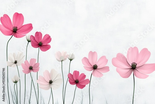 A field of cosmos flowers swaying in the breeze, their delicate petals painted in pastel shades of pink and white