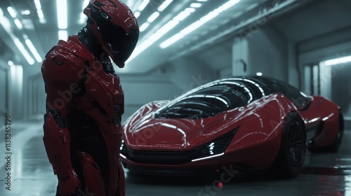 Sleek red vehicle alongside armored figure in a rail-lit futuristic garage, emphasizing the sleek curves, modern design, and a sense of progression. photo