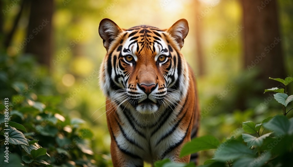 Fototapeta premium Close-up of a Bengal tiger with intense gaze in a dense jungle setting at dawn