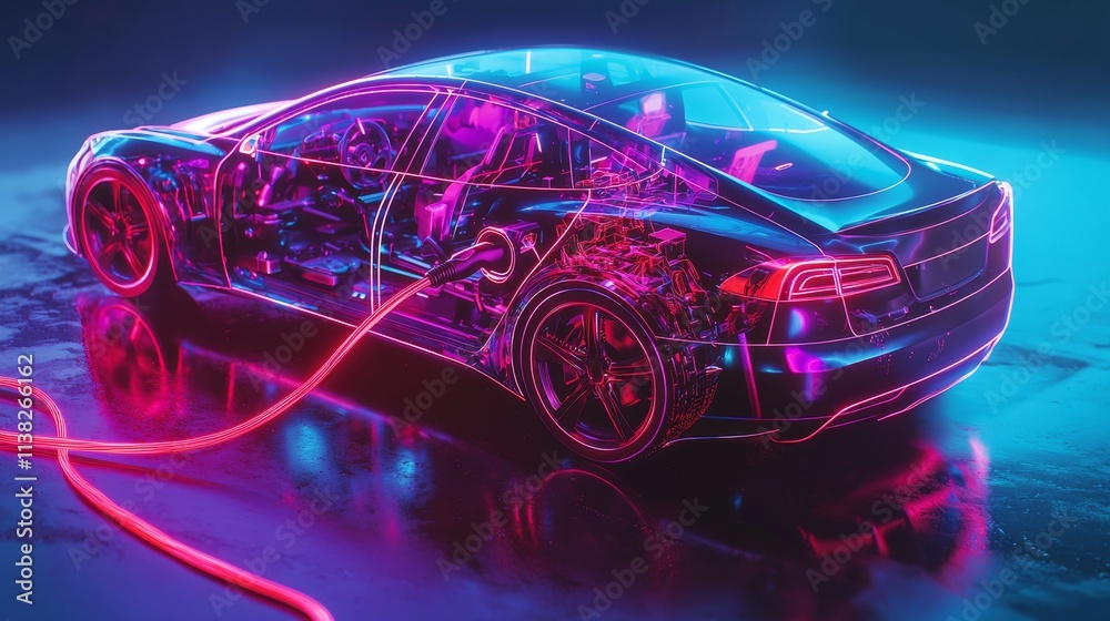 Futuristic Electric Car with Neon Glow and Transparent Design Futuristic Electric Car with Neon Glow and Transparent Design