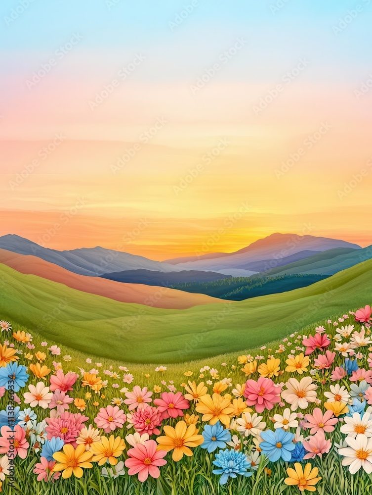 Obraz premium A sunrise over rolling hills dotted with wildflowers, soft spring hues, 3D illustration