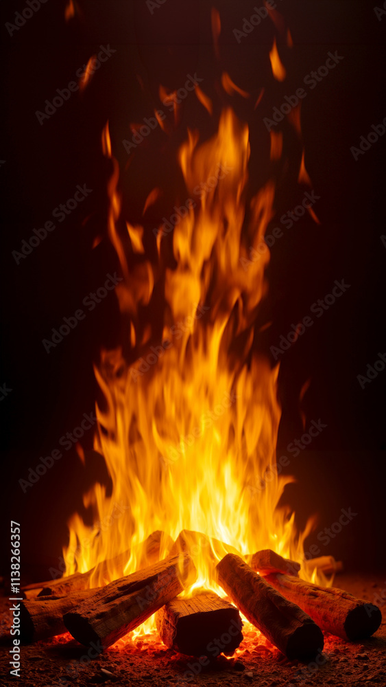 Campfire. Fire in the fireplace. Burning logs with glowing embers and sparks. Flickering flames Campfire. Fire in the fireplace. Burning logs with glowing embers and sparks. Flickering flames