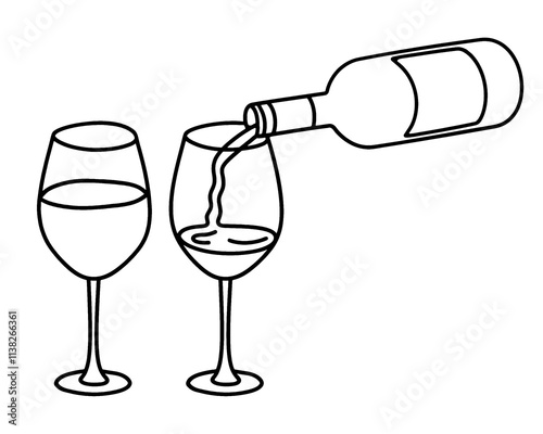ワインボトルからグラスにワインを注ぐ瞬間の手描き線画イラスト　透過背景の切り抜き