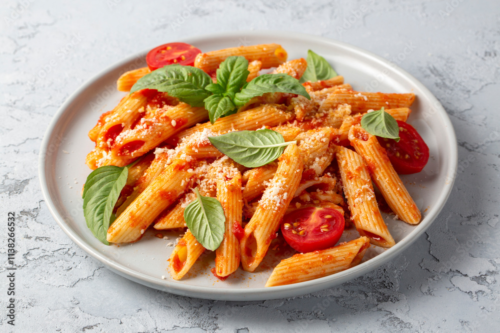 Classic italian pasta penne alla arrabiata with basil and freshly grated parmesan cheese on dark table. Penne pasta with chili sauce arrabbiata. Classic italian pasta penne alla arrabiata with basil and freshly grated parmesan cheese on dark table. Penne pasta with chili sauce arrabbiata.