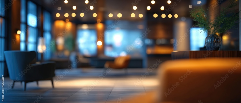 Blurred interior of a modern lounge with comfortable seating, warm lighting, and plants. Blurred interior of a modern lounge with comfortable seating, warm lighting, and plants.